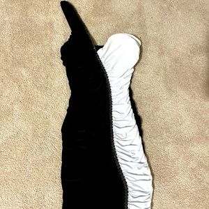 One shoulder, black and white bodycon dress
